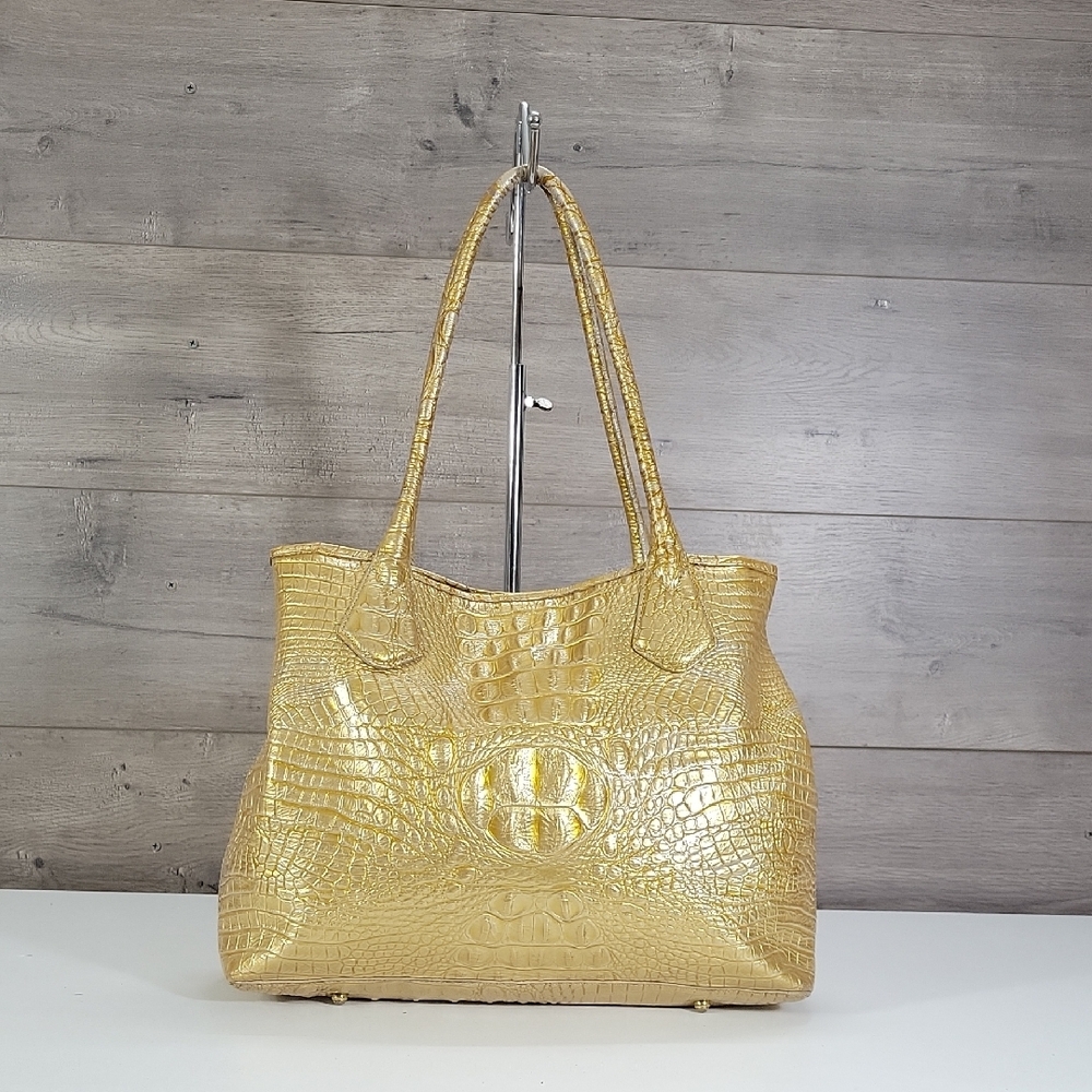 Brahmin Metallic Gold Croc-Embossed Leather Tote Bag